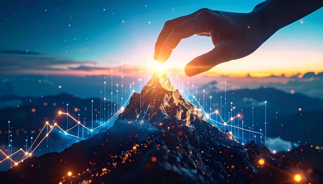 Hand reaches toward sunrise atop mountain peak. Graphs rise with light, symbolizing growth