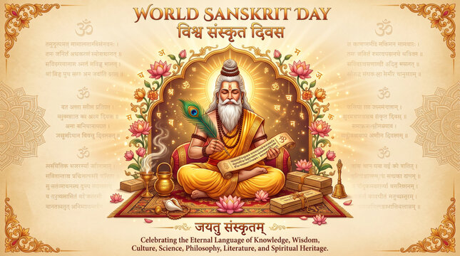 World Sanskrit Day Greeting Banner with Ancient Sage Lotus Scroll and Ornamental Floral Frame for Cultural Celebration