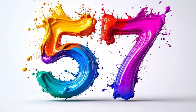Vibrant colorful paint splashes forming the numbers 57 on a clean surface