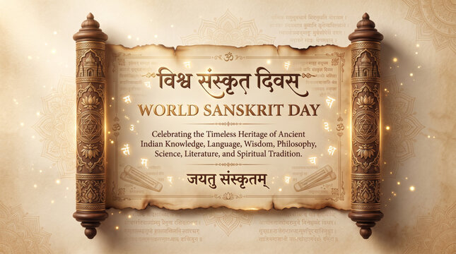World Sanskrit Day Greeting Banner with Ancient Sanskrit Scroll Hindi Typography on Vintage Parchment Background