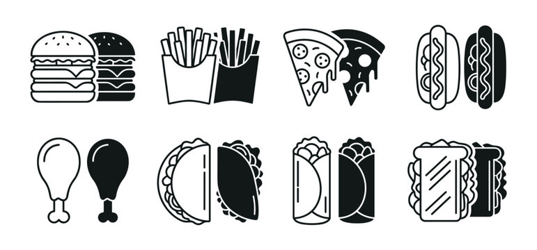 Minimal fast food icon set with burgers fries pizza and tacos silhouettes