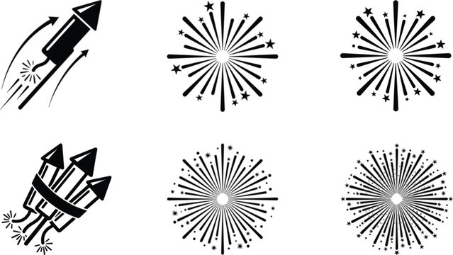 Colorful vector firework rocket icons with explosion bursts for celebration and festive design projects