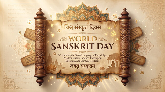 World Sanskrit Day Greeting Banner with Ancient Sanskrit Scroll Ornamental Mandala and Vintage Parchment Background