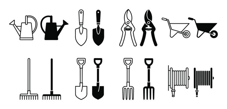 Vector set of gardening tool icons in outline and silhouette styles