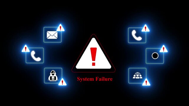 System Failure response notification on digital interface in data center server room with isolate node initiate backup patch route options. Dives hacking concept.
