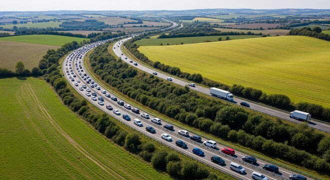 Aerial view of a congested highway with a winding traffic jam through green fields and rural landscape during daytime