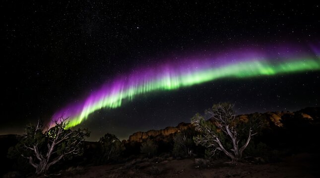 Purple STEVE atmospheric phenomenon glowing in night sky
