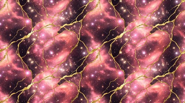 Vibrant Cosmic Morganite Nebula and Luxury Gold Kintsugi Hybrid Seamless Pattern
