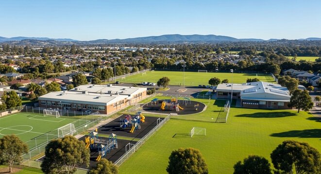 Aerial view of a modern school campus with vibrant playgrounds and sports fields under a clear blue sky.
