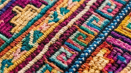 Fototapeta premium Macro shot of traditional colorful ethnic woven fabric with intricate geometric patterns, handmade textile carpet or blanket texture showcasing rich cultural craftsmanship and folk art design.