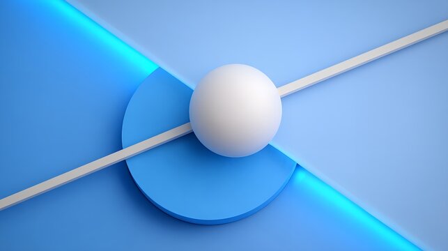 Premium 3D abstract architectural background with clean white sphere resting on a diagonal light blue glowing split plane