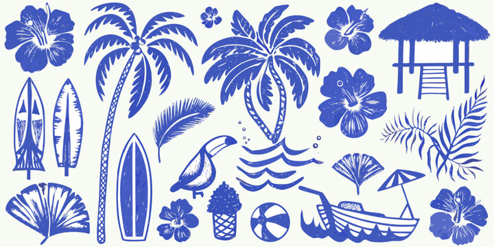 tropical elements in detailed illustration style palm tree flower surfboard boat umbrella hut leaf sketch blue white background pattern design vacation