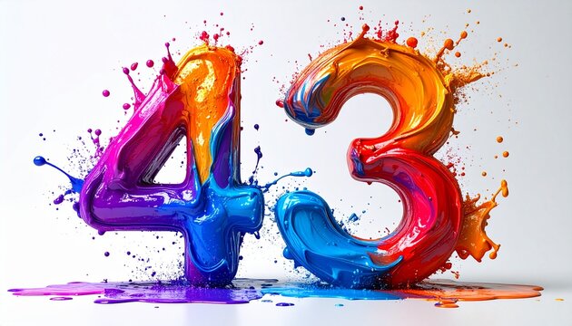 Vibrant colorful numbers 43 splashing paint.