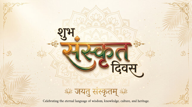 Happy World Sanskrit Day Greeting Banner with Hindi Typography Elegant Mandala Background for Cultural Celebration Design
