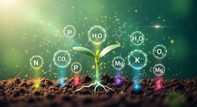 Close-up of a young plant with colorful chemical symbols and molecules in soil