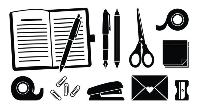 Stationery Collection Featuring Open Notebook Pens And Scissors Silhouette office