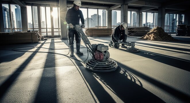 Construction Workers Power Troweling Concrete Floors Inside A Building Under Construction