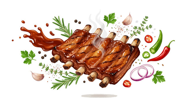 Levitation BBQ Ribs Vector Illustration Floating Gourmet Food Concept