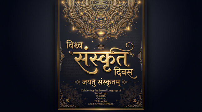 Happy World Sanskrit Day Greeting Banner with Golden Hindi Typography on Elegant Black Background for Cultural Celebration