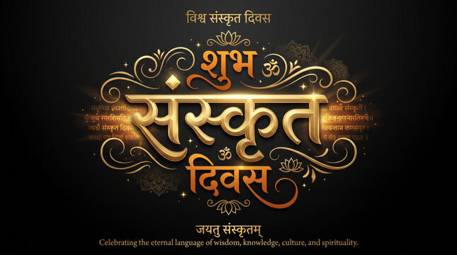 Happy World Sanskrit Day Vertical Greeting Banner with Golden Hindi Typography and Ornamental Mandala Background Design