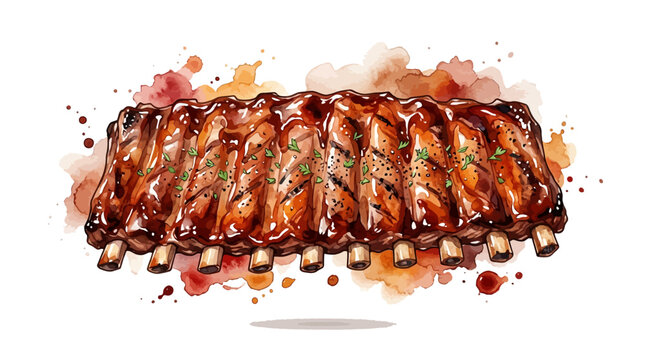 BBQ Ribs Watercolor Style Vector Illustration Premium American Cuisine