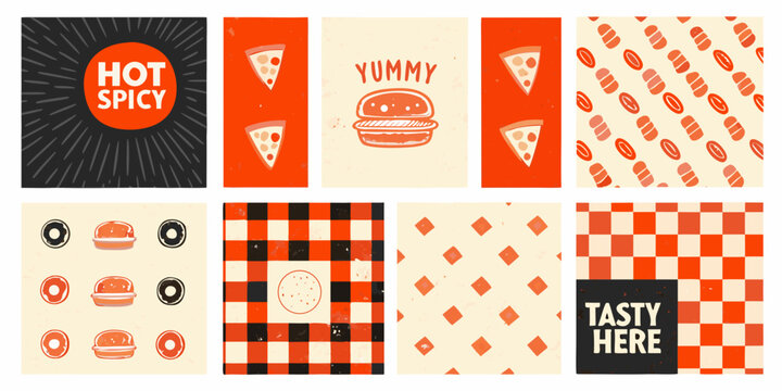 retro fast food pattern grid featuring pizza burgers donuts and checkered designs burger donut orange black white illustration vector background spicy