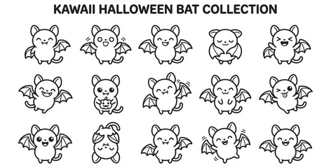 Fototapeta premium A charming collection of cute kawaii Halloween bats with various adorable expressions on transparent background