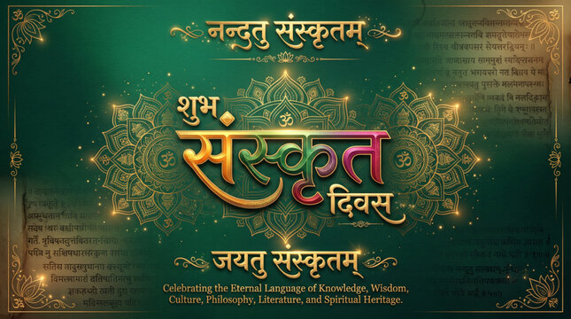 Happy World Sanskrit Day Greeting Banner with Decorative Hindi Typography Ornamental Mandala and Elegant Green Background