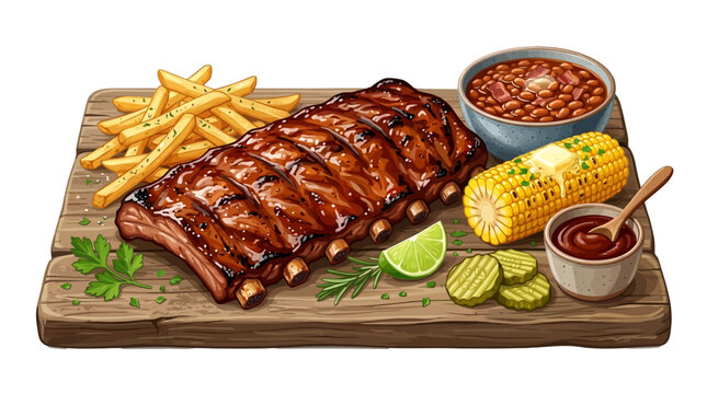 Juicy BBQ Platter Vector Illustration Ribs Fries Baked Beans Corn Pickles