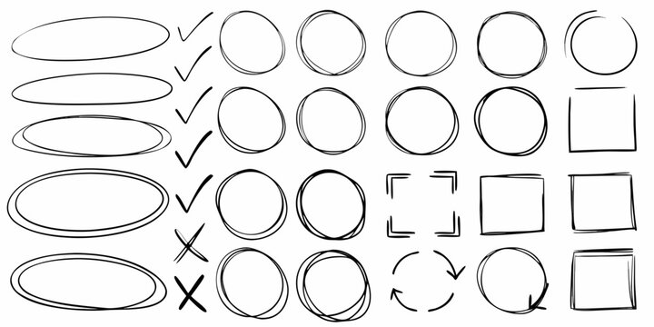sketchy arrows circles frames and doodles line art on white background hand drawn ellipse rectangle squiggly mark scribble graphic element design