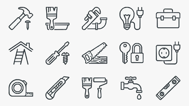 Clean Black and White Line Icons Set of 15 Essential Hand Tools and Household Items for Web Design Presentations and SEO Content