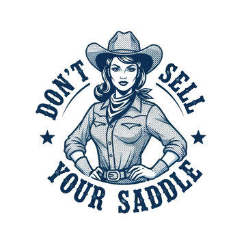 A confident young cowgirl in western wear, rendered in a strict monochromatic blue retro 1950s halftone illustration style on white with stylized text banner. Concept of female western strength