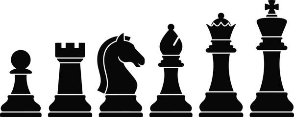 Chess Piece Icon Set Featuring King Queen Rook Bishop Knight and Pawn Vector Silhouettes for Strategic Business Marketing Competition and Board Game Designs © MDINSAN