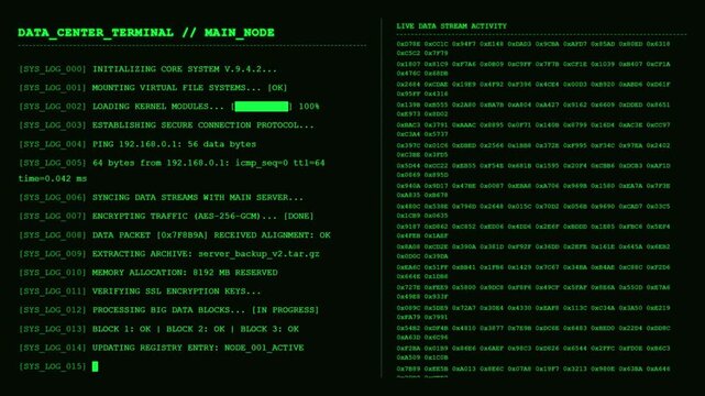 Data Center Terminal Main Node Screen With Live Data Stream Activity Animation.