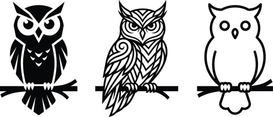 Fototapeta premium Stylized Owl Silhouette Icon Set with Tribal Geometric and Minimalist Line Art Designs Perched on Branches for Logo and Tattoo Graphics