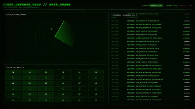 Cyber Defense Grid Radar Scanner With Intrusion Prevention Logs Animation.