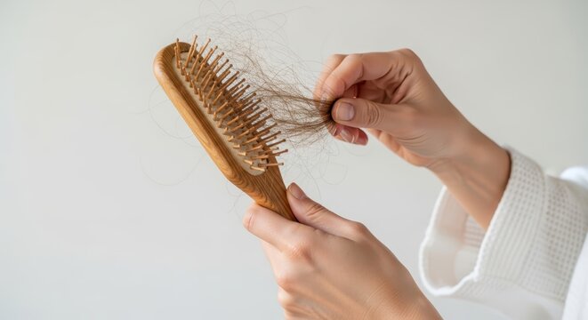 Close-up of hands holding a wooden hairbrush with fallen hair, hair loss and alopecia concept