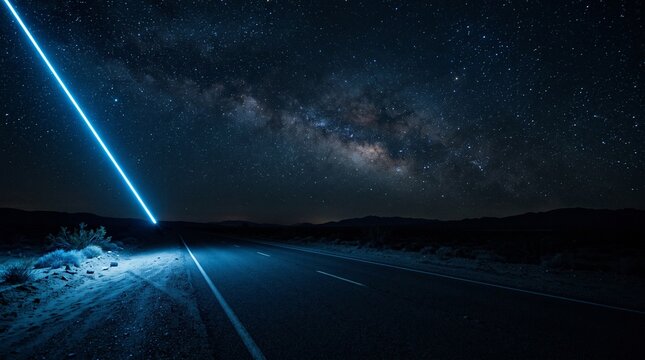 Mysterious glowing light beam descending on a desert road under the Milky Way galaxy as a surreal ufo encounter concept for World UFO Day