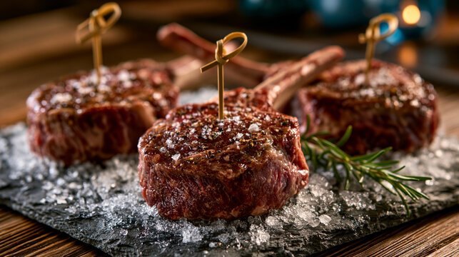 Grilled lamb chops seasoned with coarse salt and rosemary culinary restaurant
