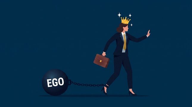 Businesswoman Wearing Crown Dragging Heavy Iron Ball with Text Ego Concept

