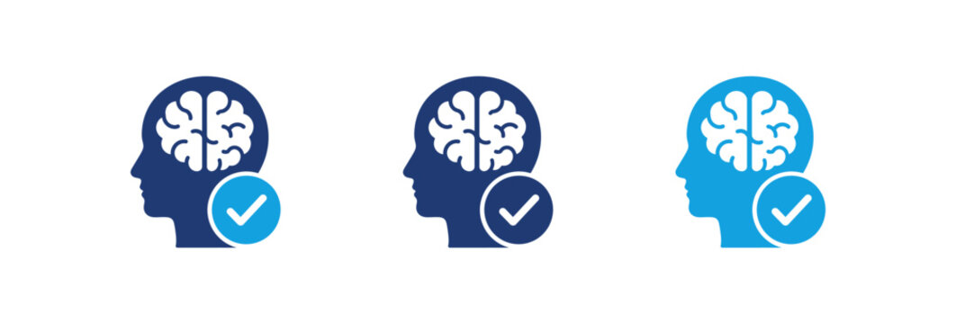 Human head profile with brain and check mark icon set for mental health and logic.