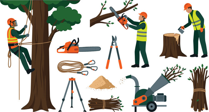 Professional Lumberjack and Tree Care Service Icon Vector Set Featuring Arborist Workers, Chainsaws, Wood Chippers, and Forestry Maintenance Tools