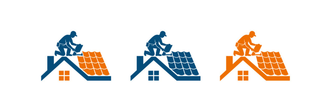 Solar Panel Installation Logo Set Featuring Technician Working on Residential House Roof.