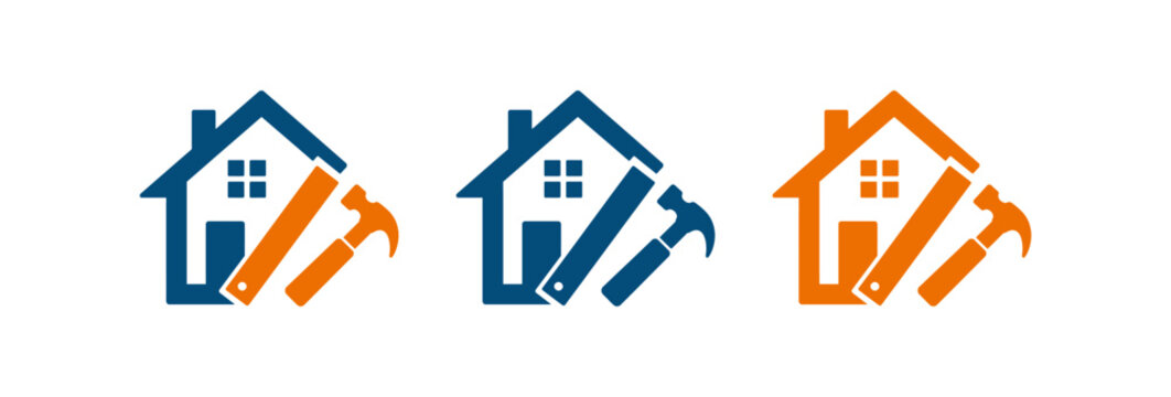 Home renovation and construction logo set with house hammer and ruler icons.