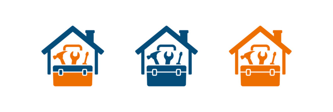 Home repair and maintenance service icons featuring toolbox and house silhouette.