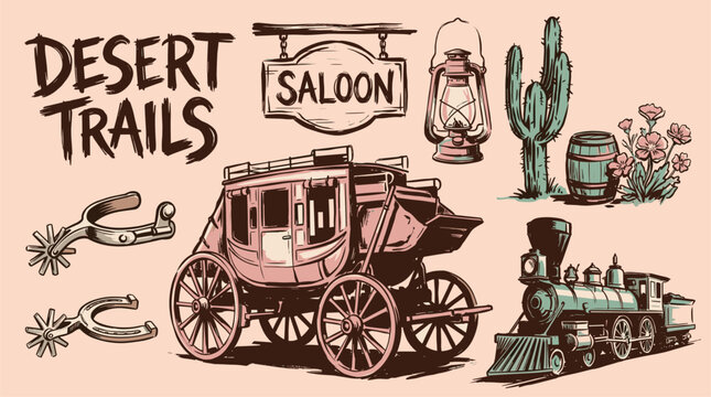 Wild west desert trails collection. Vintage western artwork. Retro cowboy design.