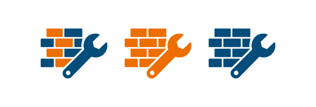 Construction and repair icons featuring brick wall and wrench symbols in blue and orange colors.