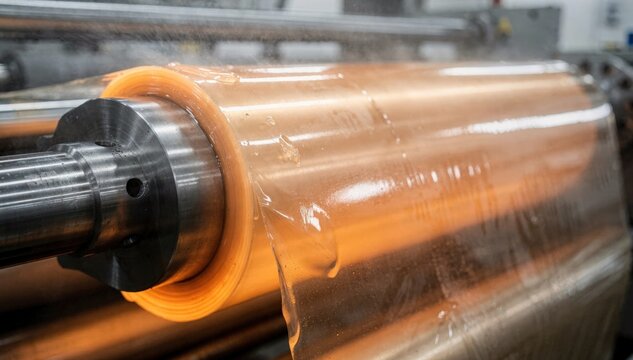 Medium shot showcasing molten CPP film casting on chill roll emphasizing flexibility and glossy finish during the cooling process.