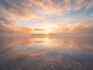 Fototapeta premium Sunrise Reflecting on Crystal Plateau with Warm Clouds and Mist