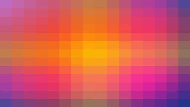 Abstract pixel mosaic background with a vibrant multi-color palette featuring soft transitions of purple pink orange and blue in a modern digital grid pattern.